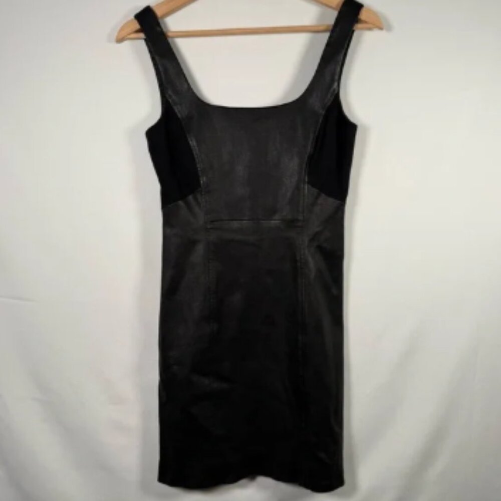 Theory Black Leather Mini Dress Women’s Stretch Little Black Dress Sz 0